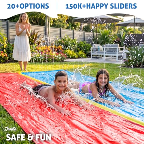 Image of JAMBO Premium 18Ft Budget Slip Splash and Slide, Heavy Duty Water Slide with Advanced Sprinkler System, Backyard Waterslide, Splash Mat, Outdoor Water Toys n Slides for Kids