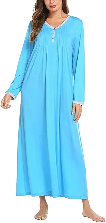Ekouaer Women's Long Sleeve Nightgown Long Sleepshirts Henley Sleep Dress Full Length Sleepwear S-4XL