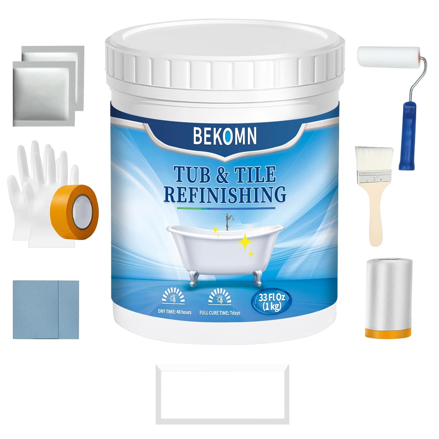 BEKOMN Tub and Tile Refinishing Kit (1kg, Full Tools, White), Bathtub