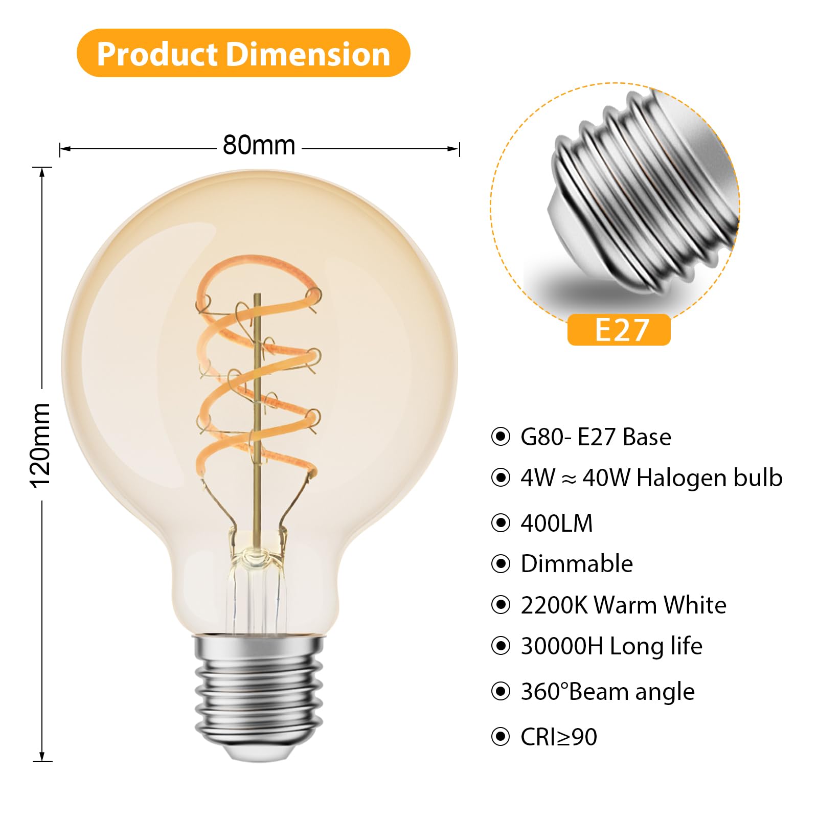 Żarówka LED E27, ciepła biel, ściemniana, 2200 K, Edison, vintage, 4 W, energooszczędna, filament retro, E27, żarówka, dekoracja do domu, kawiarni, baru, 6 sztuk (G80)