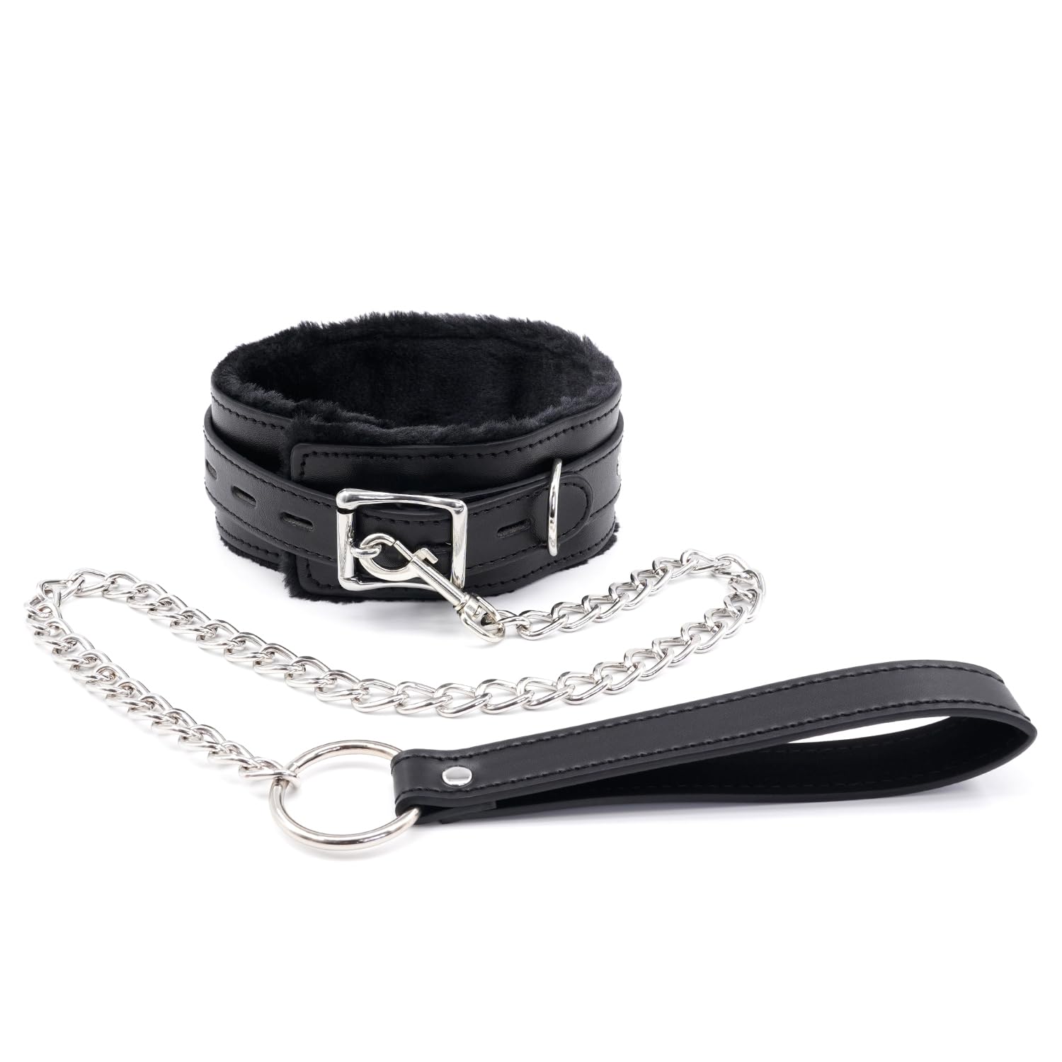 Fur-lined Black Leather Bondage Collar and Leash Set, Leather Bondage Toys Sex Collar with Chain Leash for SM Games