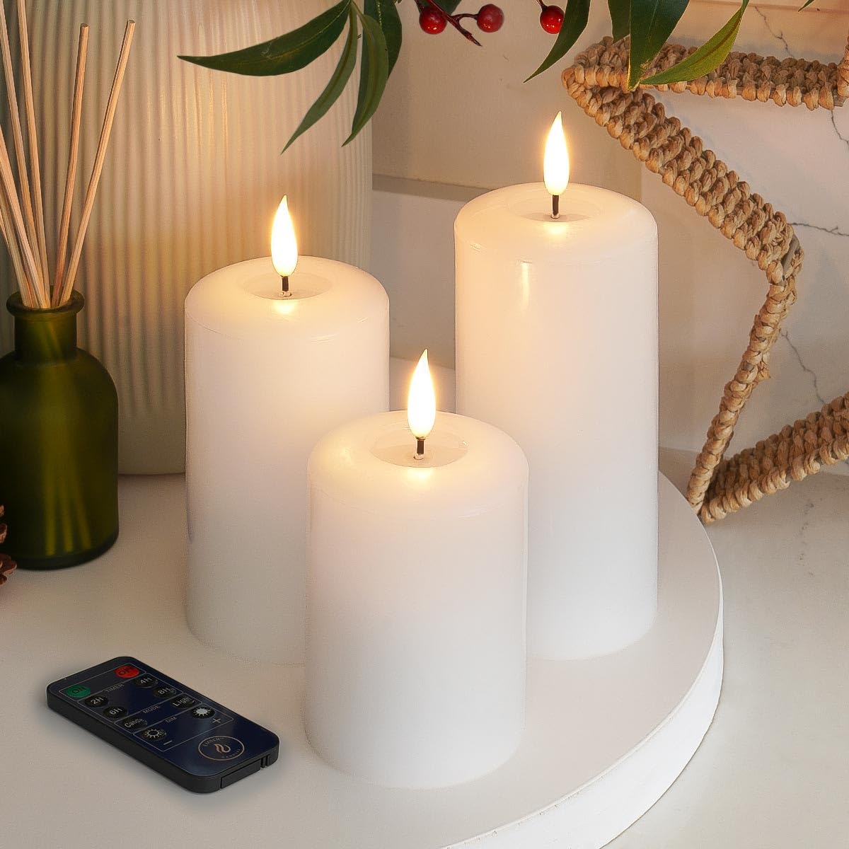 Ember Candles™ 10cm, 12.5cm & 15cm Signature White LED Indoor Flickering Battery Candles – 100% Real Wax, Ultra-Realistic, Flameless, Hand-Poured Design, 6-Hour Timer (with Remote Control)