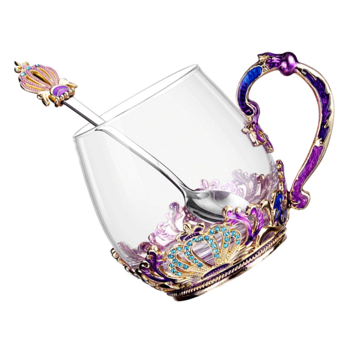 FRCOLOR Taza de Té de Cristal con Esmalte, Taza Casera para Beber, Tamaño Pequeño, Color Surtido, Incluye Cuchara, Apta para Leche y Jugos, Reutilizable y Segura para Uso Color Aleatorio
