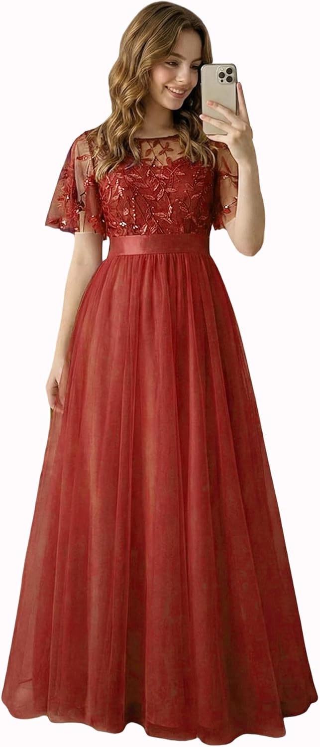 Ever-Pretty Women's Formal Dresses Crew Neck Sequin Ruffle Sleeve Empire Waist Beaded Long Evening Dresses 00904