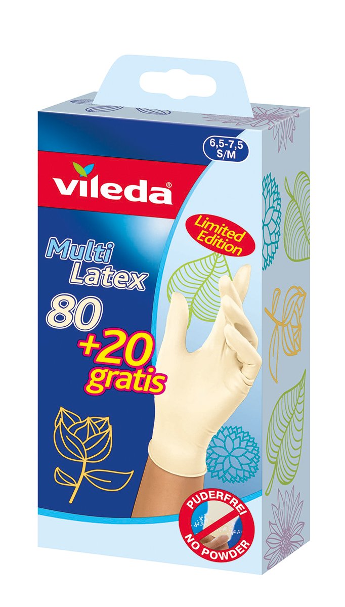 Vileda Disposable Multi Latex Gloves, Powder-Free, Ambidextrous Wear, Small/Medium, Pack Of 100, White