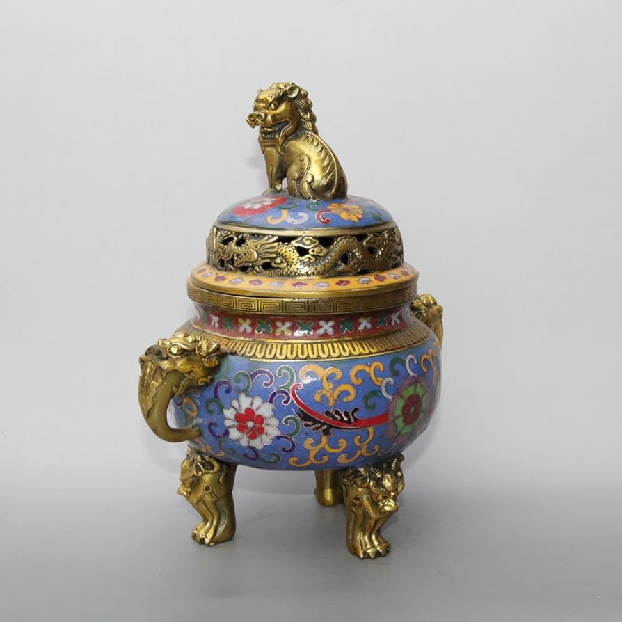 Amazon.co.jp: 中国 真鍮 七宝焼き 龍 獅子頭 柄 香炉 香炉 壺