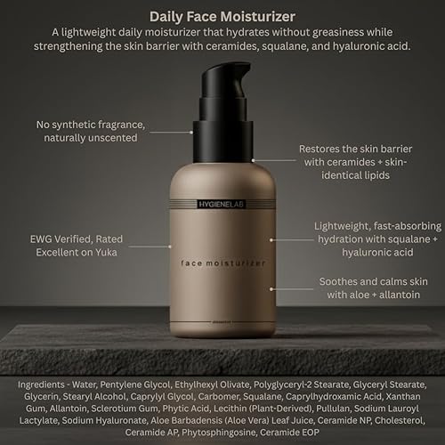 Miniatura 3 de HygieneLab Hidratante facial - Verificado por EWG, hidratación sin perfume, no grasa con escualano, aloe vera, ceramidas y ácido hialurónico, 1.7