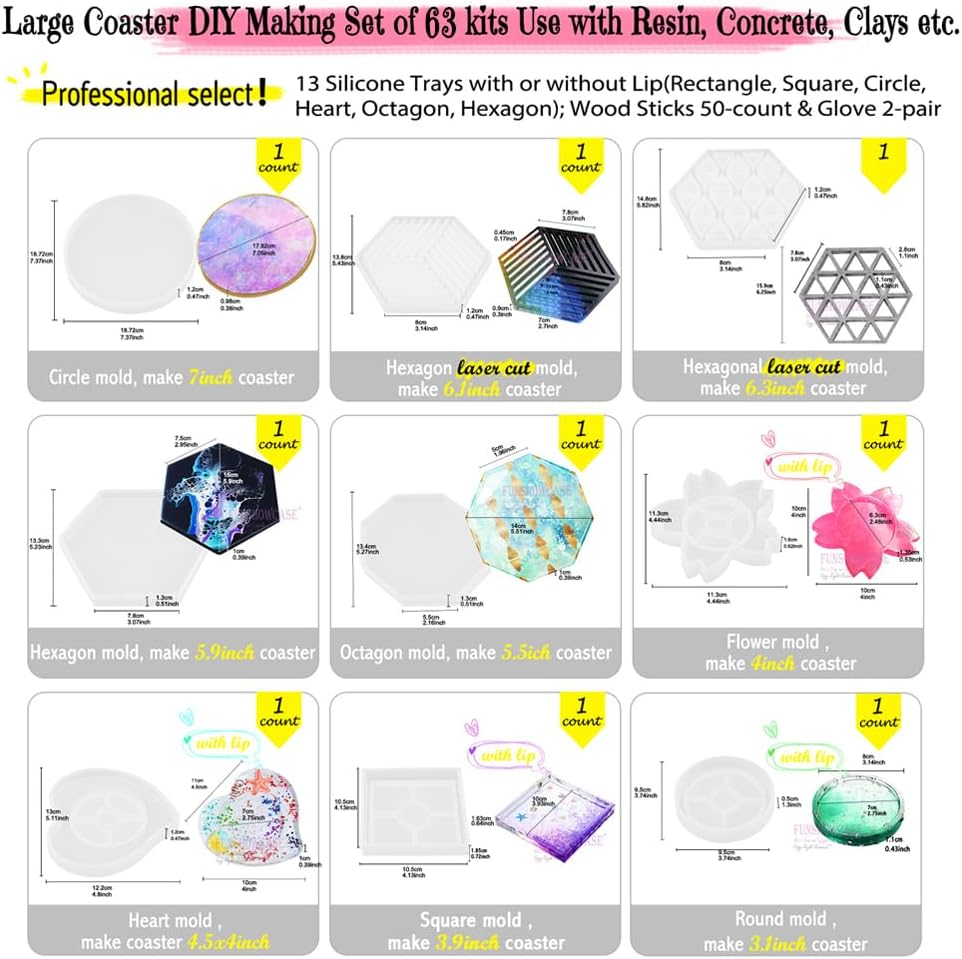 FUNSHOWCASE Epoxy Resin Coaster Molds Set 63 Kits Silicone Trays Large 6-8inch Rectangle Square Circle Heart Octagon Hexagon 13 Geometric Shapes, Craft Sticks