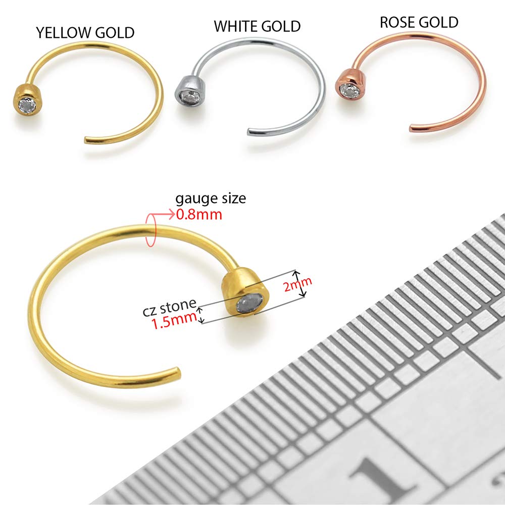 Monster Piercing 9k Tinta Oro 20 Gauge - 8 MM di Diametro Lunetta Cerchio Aperto Chiaro CZ Pietra Gioielli Anello penetranti del Naso