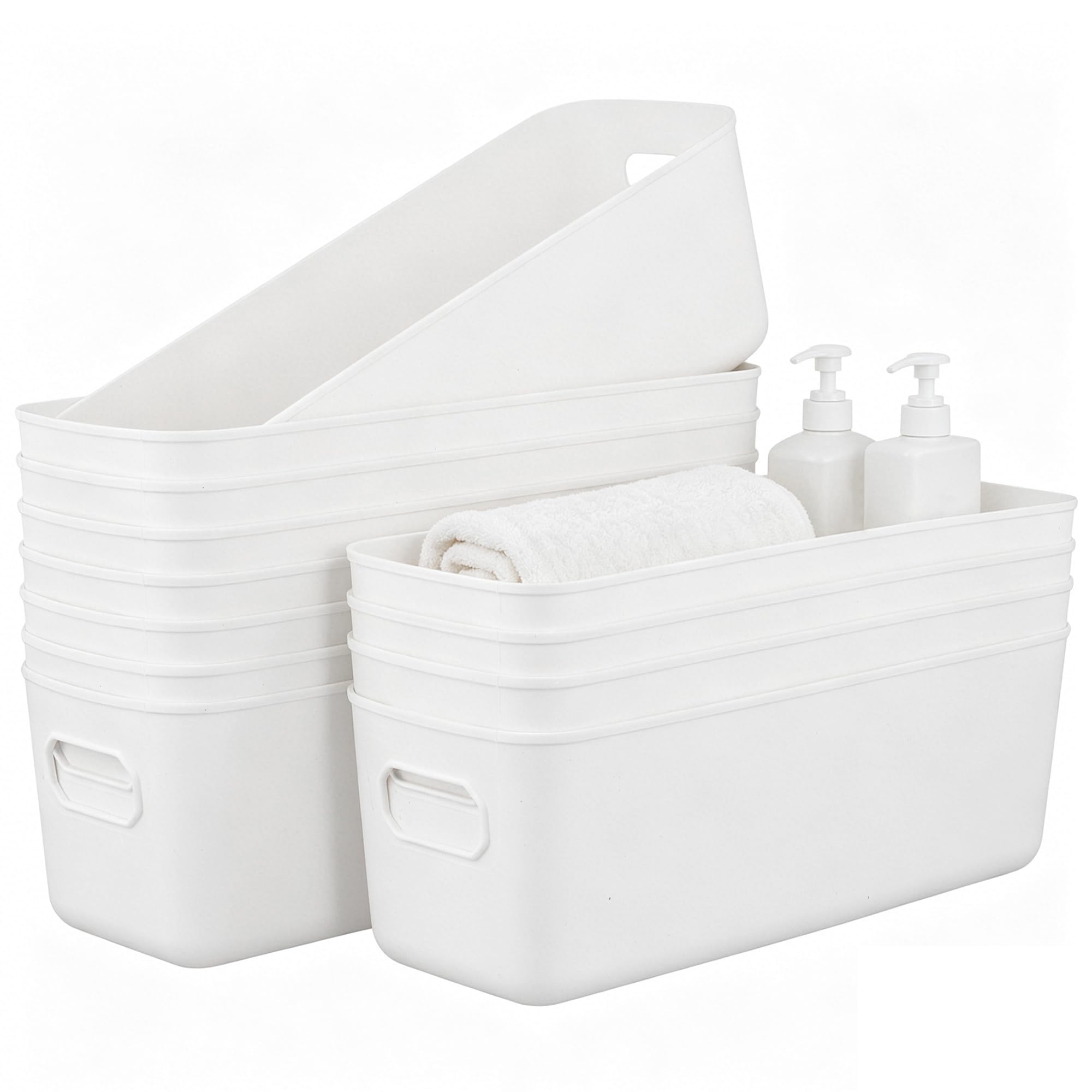 CHEUNGR 12 Pack Narrow Storage Boxes, 28x10x9.5cm White Organiser Basket with Handles, Plastic Storage Boxes for Snacks Desktop, Bathroom, Kitchen, Cabinet, Lightweight Space-Saving Contain