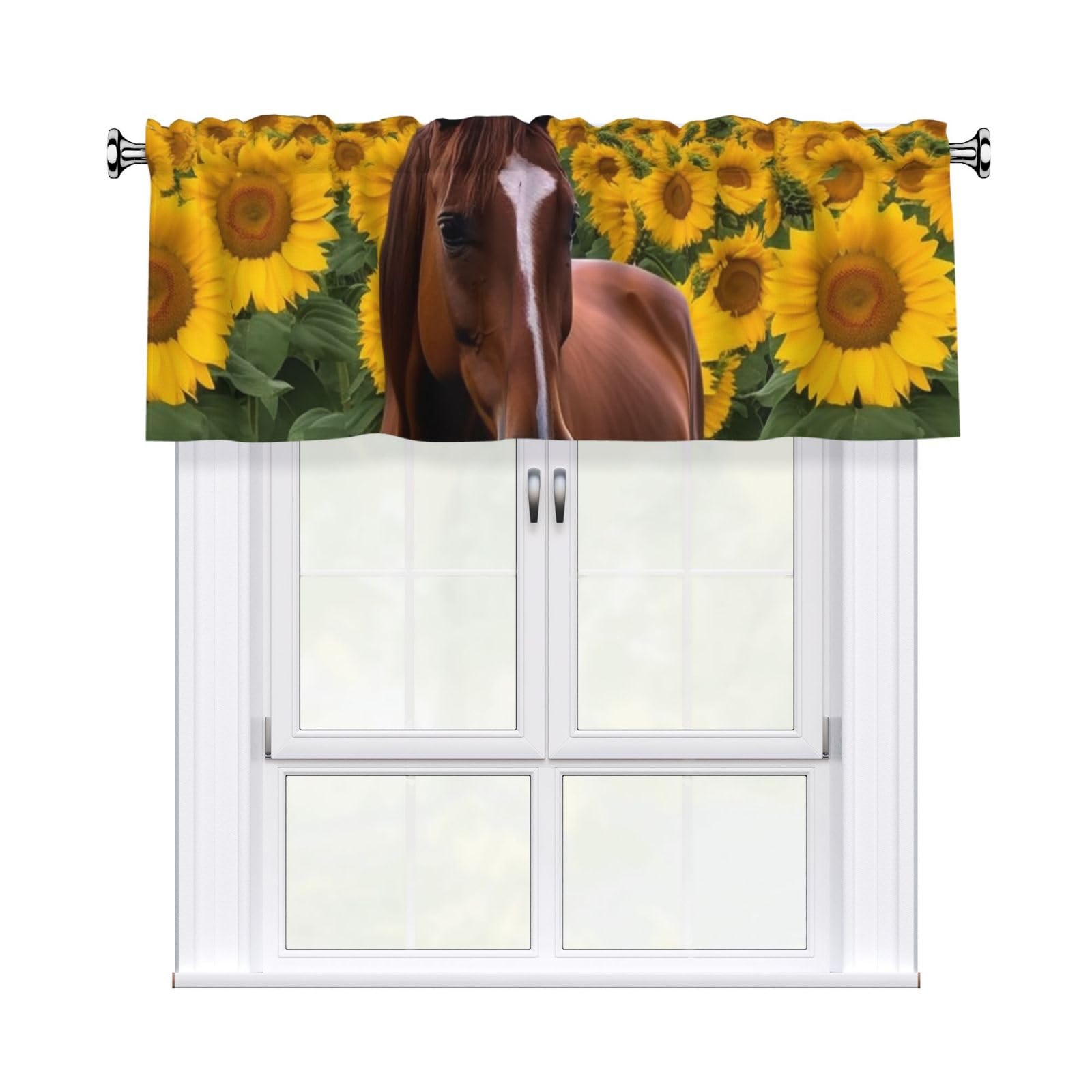 FekiLoot Horse and Sunflower Curtain Valance for Windows, Kitchen Window Valances Rod Pocket Window Treatments Short Curtains Drapes for Bathroom Bedroom Cafe Decor 54x18inch 1 Panel