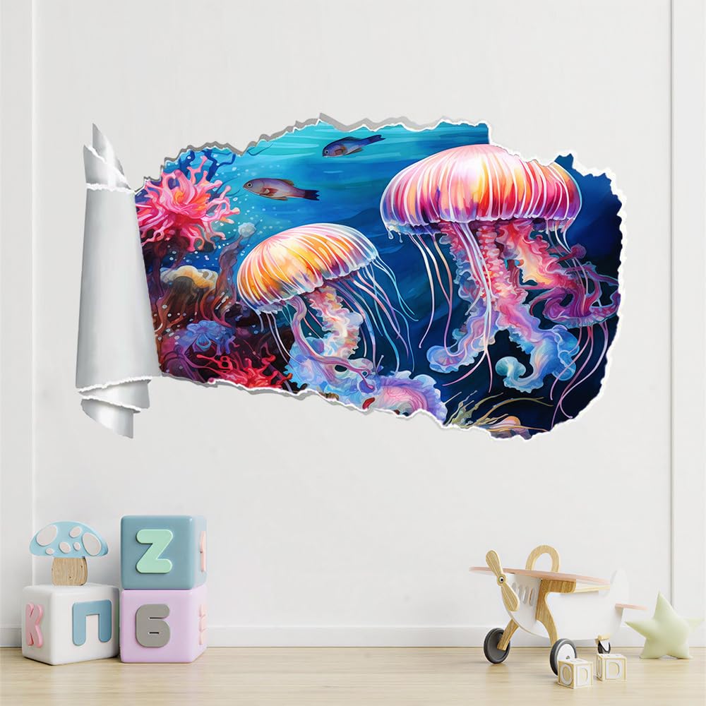 Pegatinas de decoración de pared 3D Madera De Coral Medusa Pegatinas De Pared Calcomanías Murales De Pared Rotas 3D Vista Al Mar Vinilo De Pared Arte Hogar Decoración De Pared