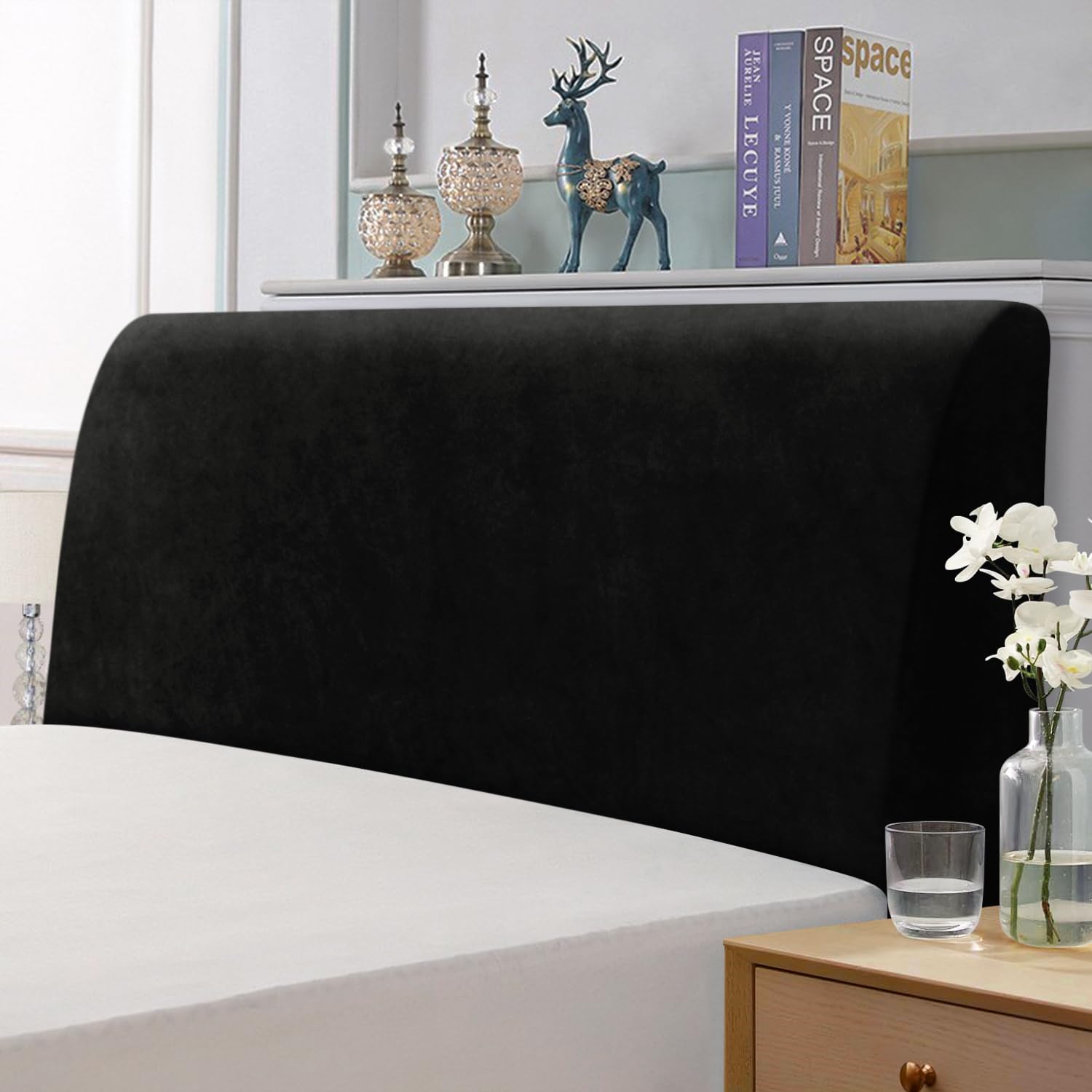 TAOCOCO Housse de Tête de Lit 160 cm, Tête de Lit Double élastique, Housse de Protection Antipoussière, Tissu Velours Extensible Doux, Lavable, Design Tout-en-Un (150/160/170 cm, Noir)
