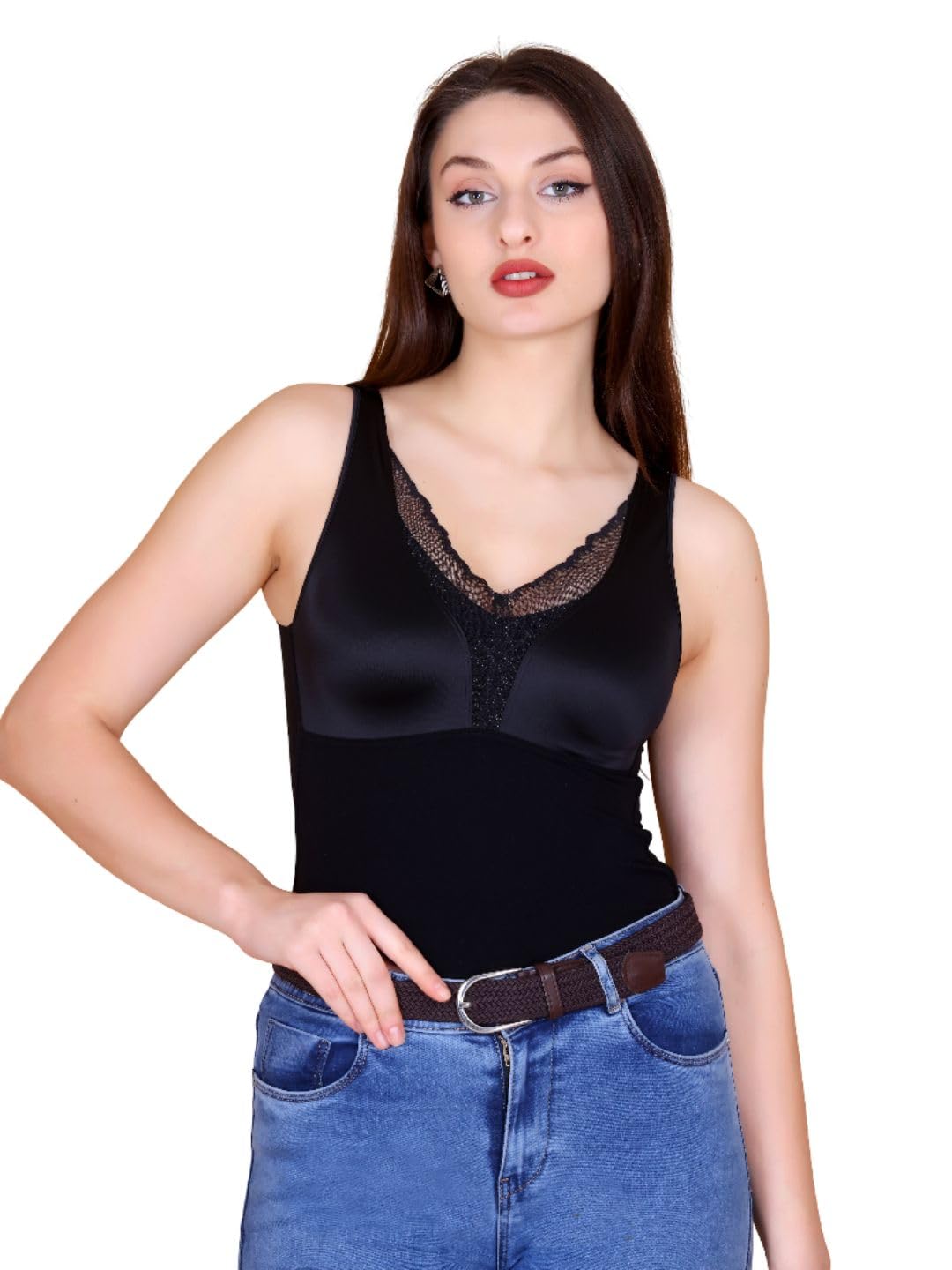 femea New Satin Brushed Aloe Vera Thermal Vest Outer Lace Women Inner wear-Black,Winter Warm Bottom Tops-picture-47