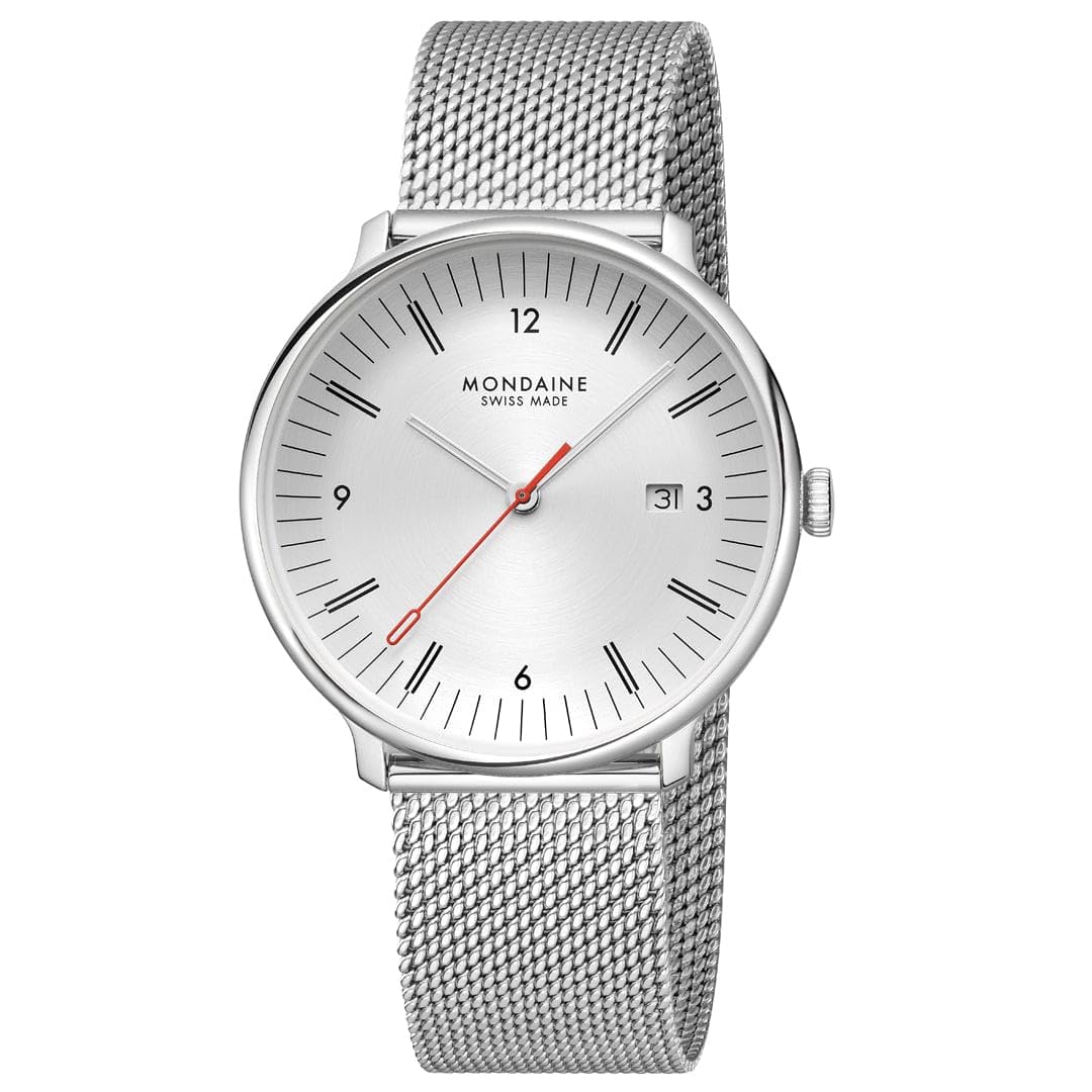 Mondaine Doppio zegarek męski 41 mm, szwajcarski mechanizm kwarcowy, szkło szafirowe, stal nierdzewna, wodoszczelny 5 ATM, zrównoważony – elegancja i tradycja, dwoistość w designie
