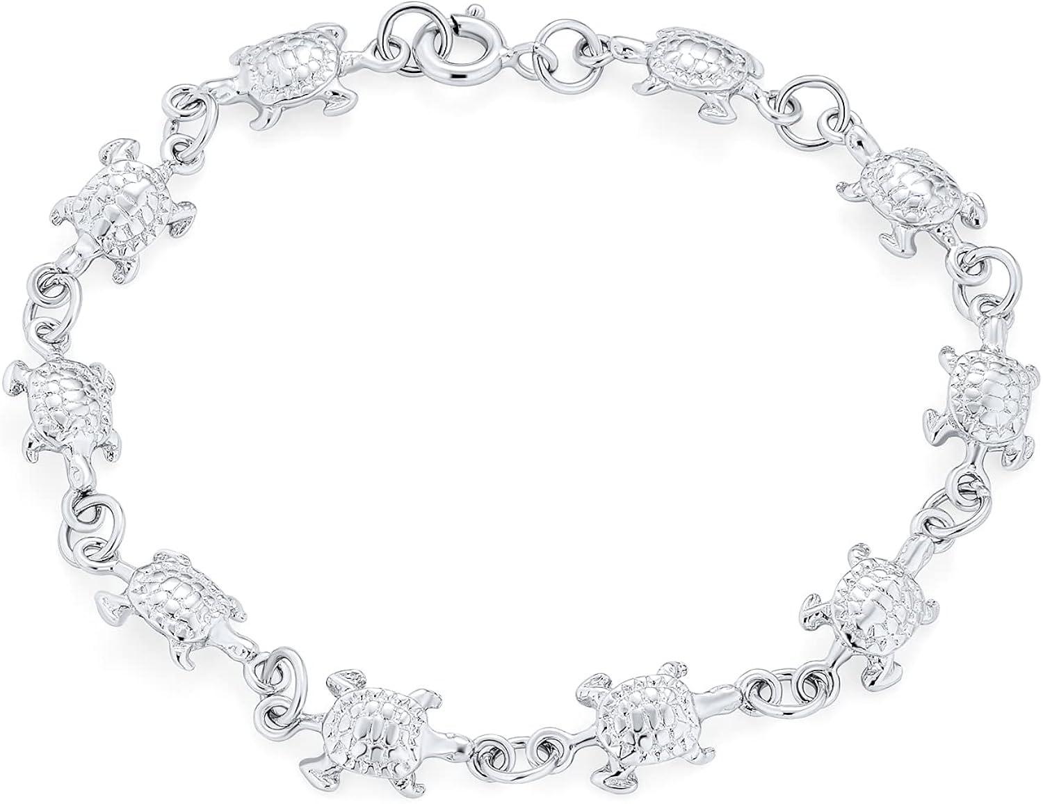 Bling Jewelry Nautical Tropical Beach Vacation Multi Tortoise Linked Charm Sea Turtles Bracelet For Women Teen Oxidized .925 Sterling Silver 7.5 Inch