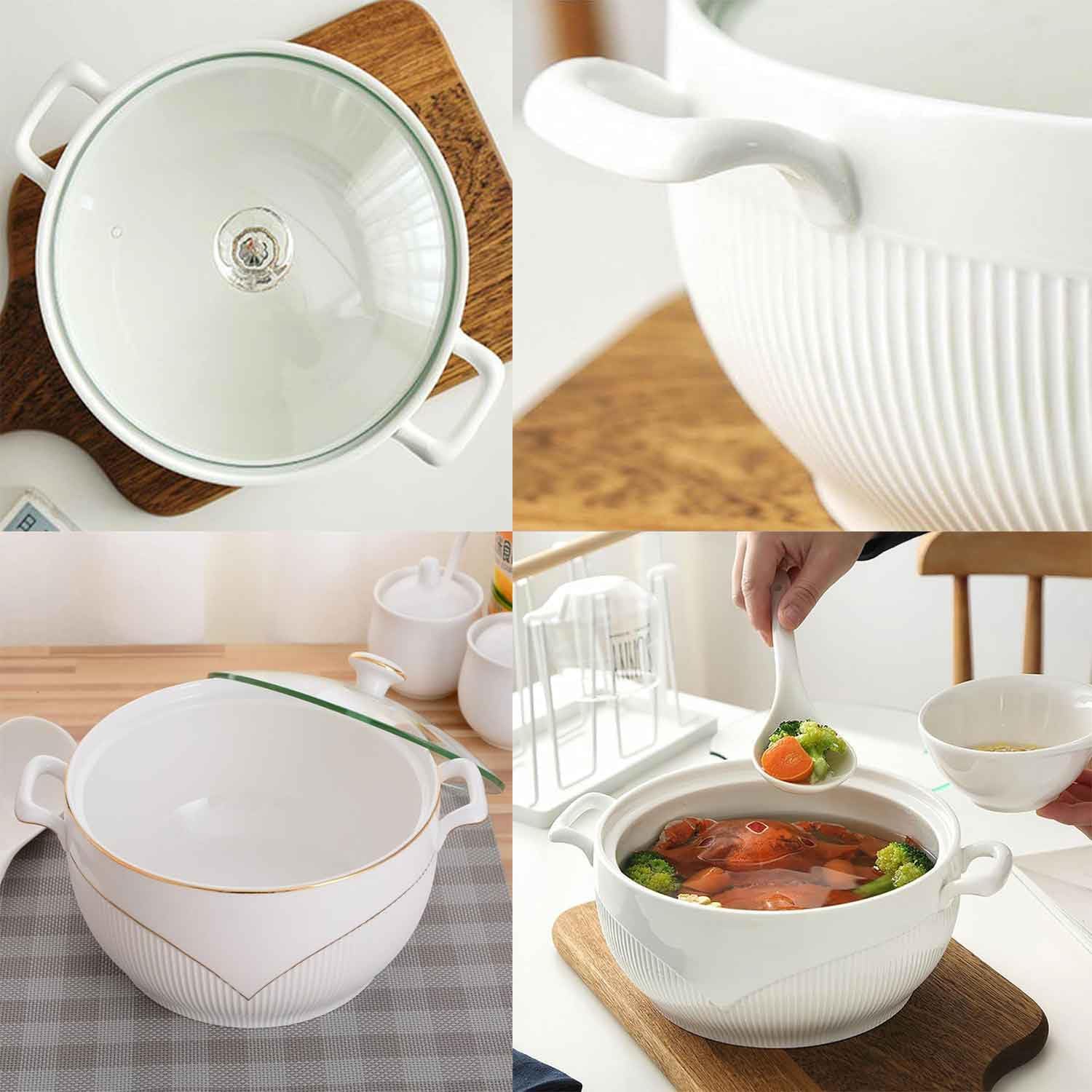 Ceramic Soup Tureen with White Porcelain Lid - Round Serving Bowl for Restaurant, Home Kitchen Decoration - Microwave and Dishwasher Safe, Glass LidWhite,1.5L