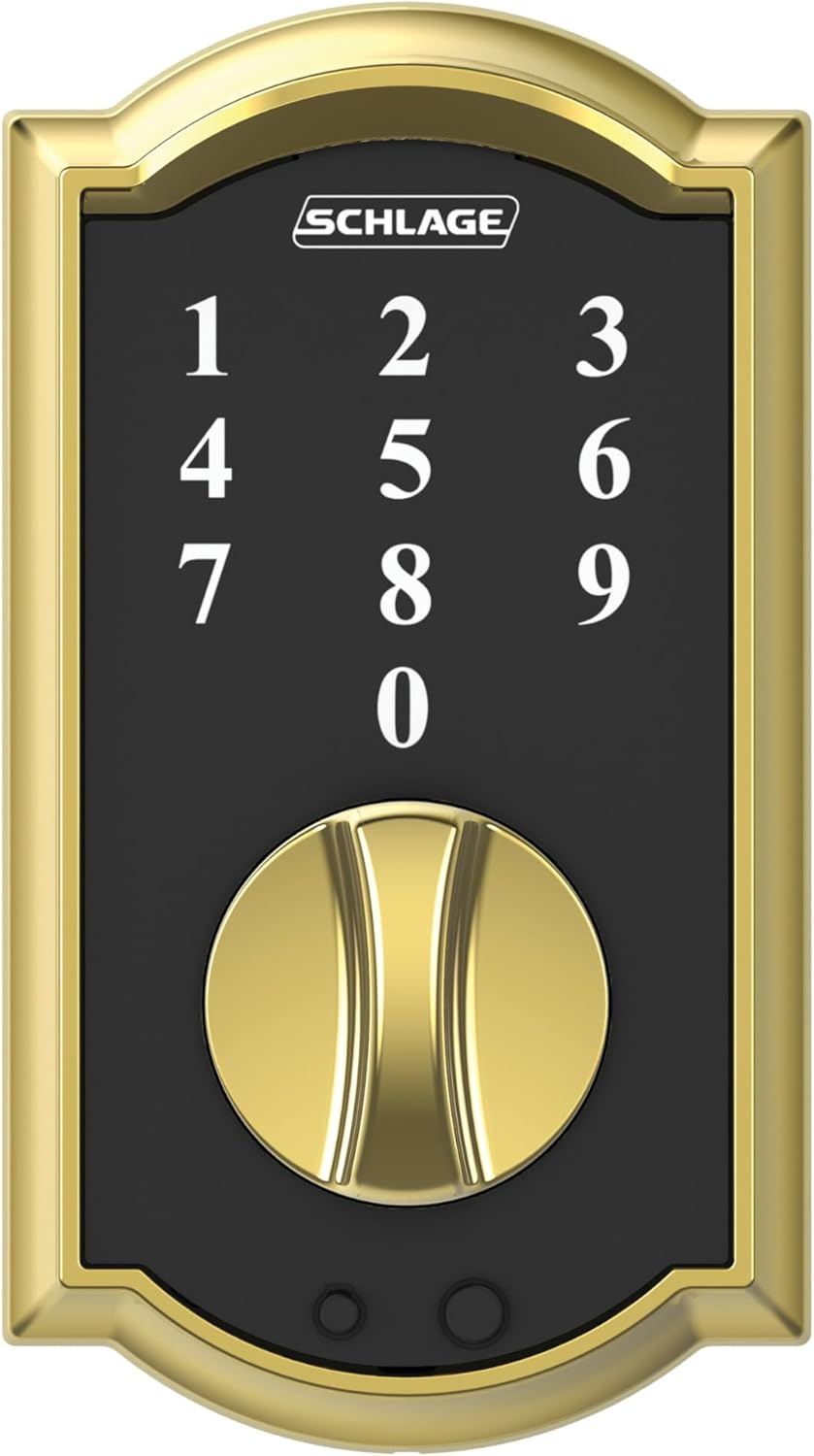 Schlage Touch Camelot Electronic Deadbolt Lock with Touchscreen Keypad, Keyless Front Door Entry, Bright Brass, BE375 CAM 605