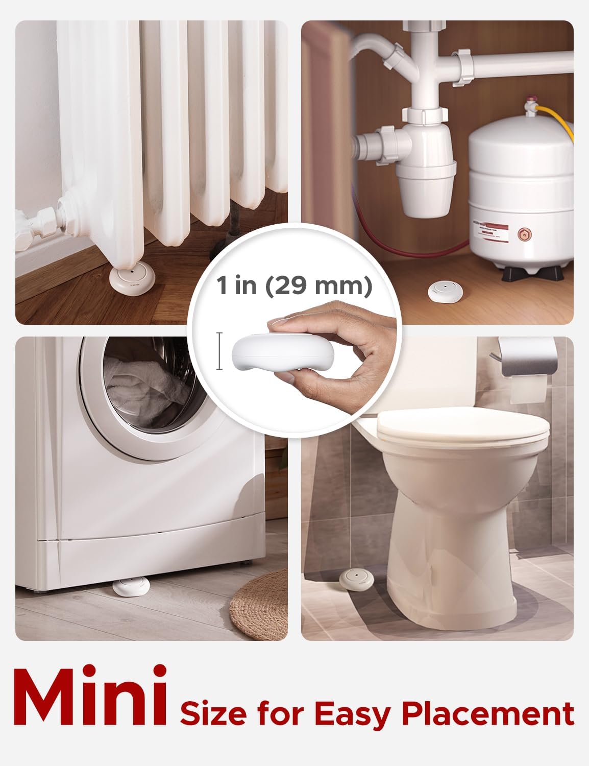 X-Sense SWS51 Water Sensor shown in various locations like under a radiator, under a sink, next to a washing machine, and behind a toilet, highlighting its mini size for easy placement.