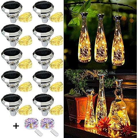 ICHDICH Solar Diamond Wine Bottle Lights 10 Pack 20LED Outdoor Waterproof Multicolor Fairy Light String, Suitable for Most Wine Bottle Mouths, for Garden, Terrace, Party Decoration warm Cover