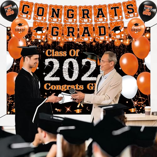 Image of DARUNAXY Orange Graduation Party Decorations, Black Orange Class of 2026 Graduation Banner, 2026 Congrats Grad Honeycomb Hanging Swirl Confetti Balloon Congratulations Graduates Party Supplies(25PC)