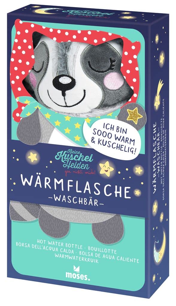 moses. Kleine Kuschelhelden Wärmflasche Waschbär, Wärmeflasche mit Überzug, kuscheliger Wärmflaschenbezug im süßen Waschbär Design, abnehmbare und waschbare Bettflasche für Babys und Kinder