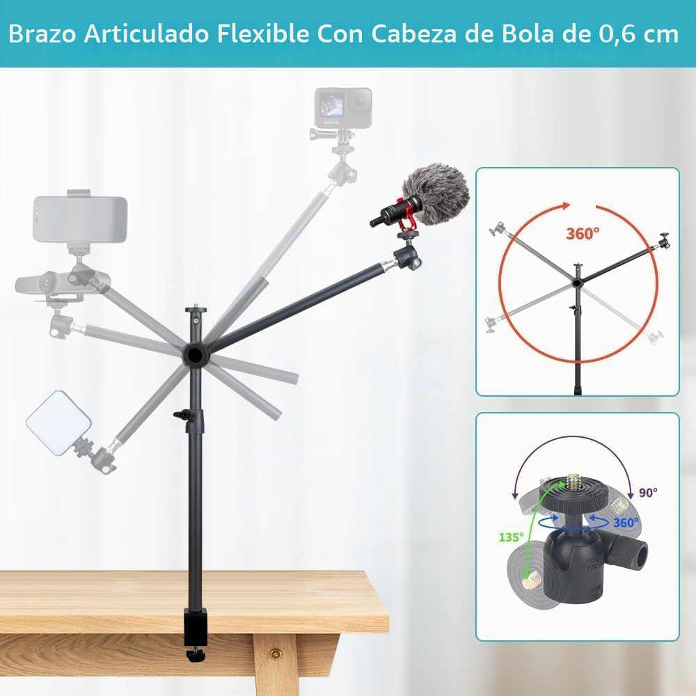 OS01 Trípode de Mesa Trípode para Teléfono Móvil, 32.5-55cm Soporte Ajustable para Cámara Pequeña, Trípode de Pinza con Brazo Flexible y Cabeza Esférica de 1/4" para Webcam, Cámara Pequeña