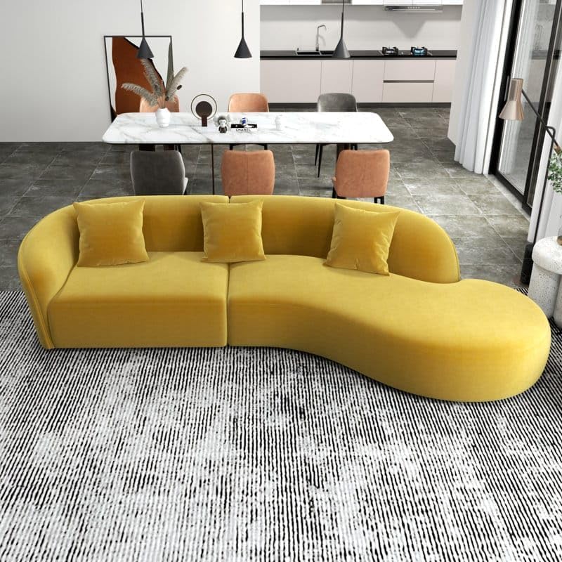 Image of 110.24 inch Modern Futuristic J- Style Curved Velvet Sofa, Sectional Sofa Round Arm with Soft Pillow for Living Room, Bedroom, Hallways (Yellow)
