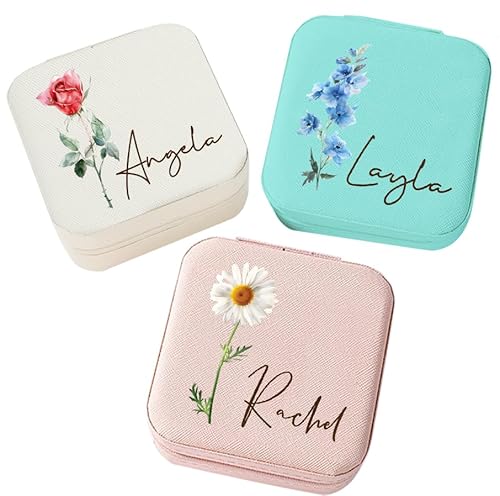 Corissy Personalized Jewelry Box for Women, Custom Travel Jewelry Case with Name and Birth Flower, Leather Jewelry Box for Rings, Earrings, Necklaces, Personalized Gifts for Women