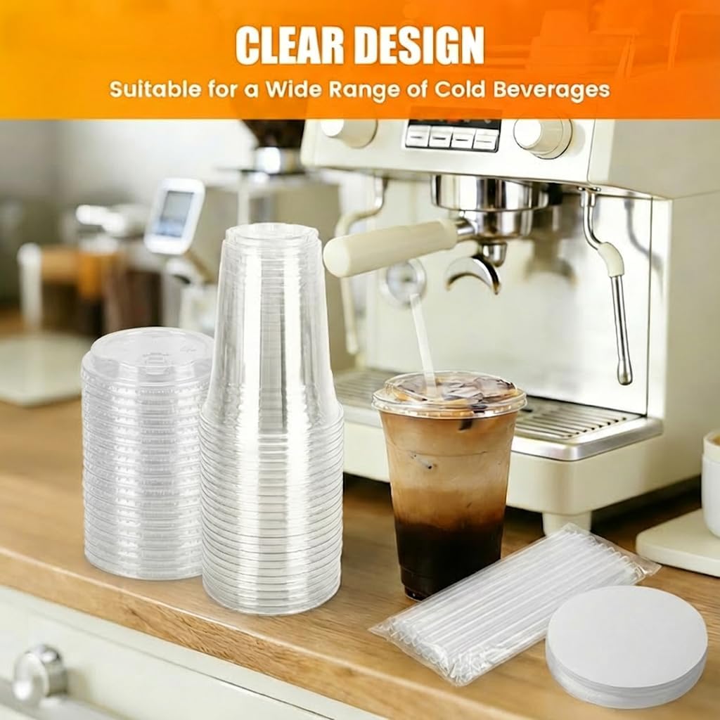 100 Packs 16oz Clear Plastic Cups with Lids, Straws, and Leak-Proof Paper - Complete To-Go Disposable Cup Kit for Iced Coffee, Smoothies,Cold Drinks & Boba Tea - Image 5