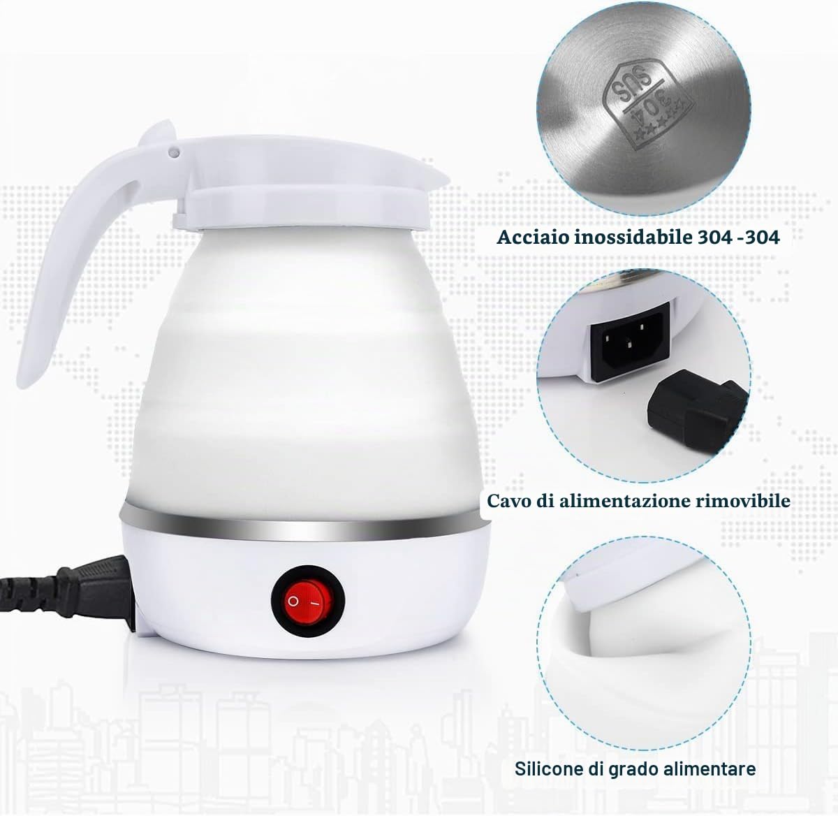 DASIAUTOEM Bollitore elettrico pieghevole da campeggio, bollitore elettrico, 0,6 l, in silicone, per cucina, viaggi, campeggio, attività all'aperto (bianco)
