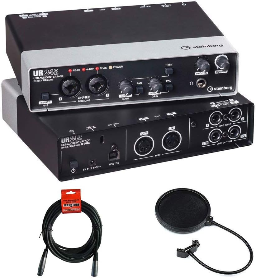 Steinberg UR242 - USB 2.0 Audio Interface with Dual Microphone Preamps, iPad Connectivity, XLR Cable & Pop Filter Kit