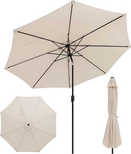 Tangkula Sombrilla de patio de 10 pies, sombrilla de mesa de mercado al aire libre con botón de inclinación, manivela y 8 varillas resistentes,