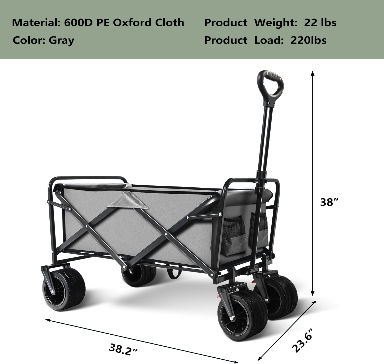 Large Collapsible Wagon Cart Heavy Duty Foldable, Large Capacity Foldable Grocery Beach Wagon for Camping Sports Shopping, Gray