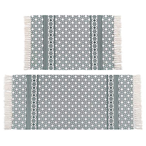 Pauwer Cotton Area Rug Set 2 Piece 4.2'x2'+3'x2' Hand Woven Cotton Rugs with Tassel Washable Cotton Throw Rug Runner for Kitchen, Living Room, Bedroom