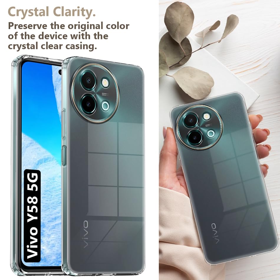 Image of Fashionury Crystal Clear Case for Vivo Y58 5G | Yellowing Resistance | Transparent TPU Silicone | Raised Camera Lips | Slim Transparent Cover