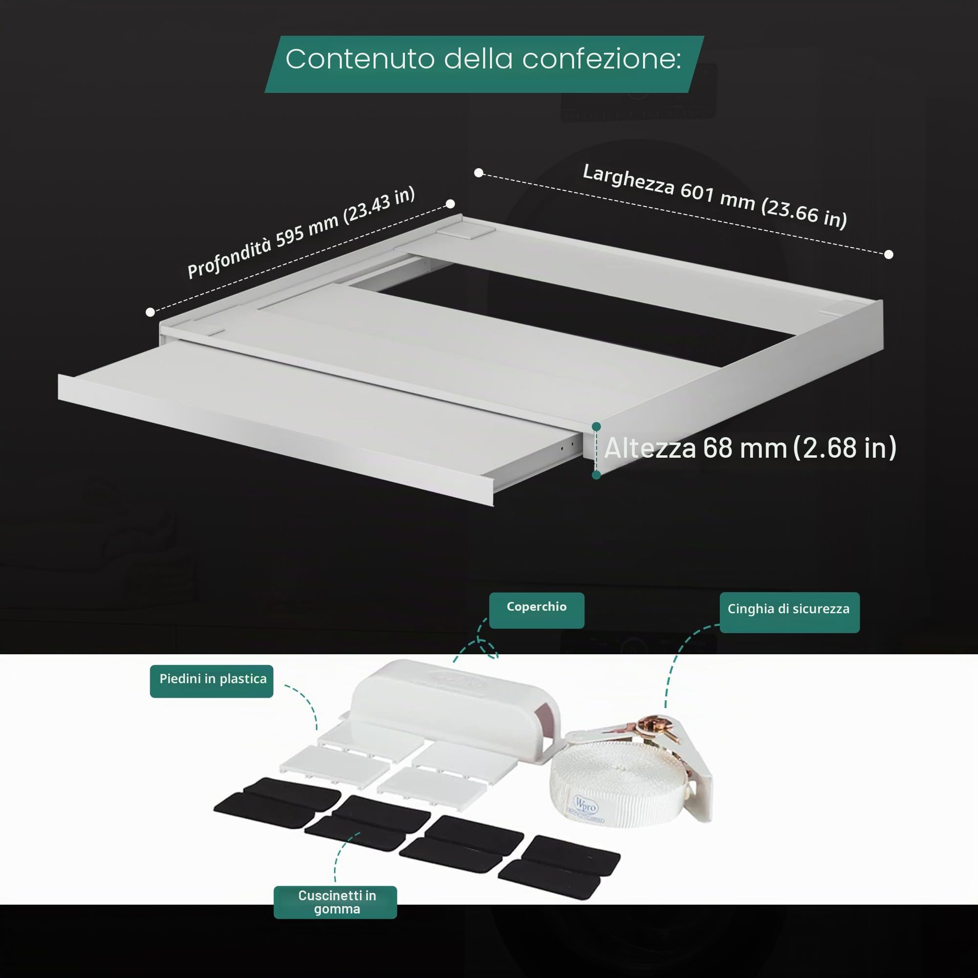 Hd-Line - Kit di montaggio universale - Per lavatrici e asciugatrici, con ripiano estraibile, anti-vibrazione e anti-ribaltamento, Dimensioni (60x60x6,8 cm, fino a 15 kg)