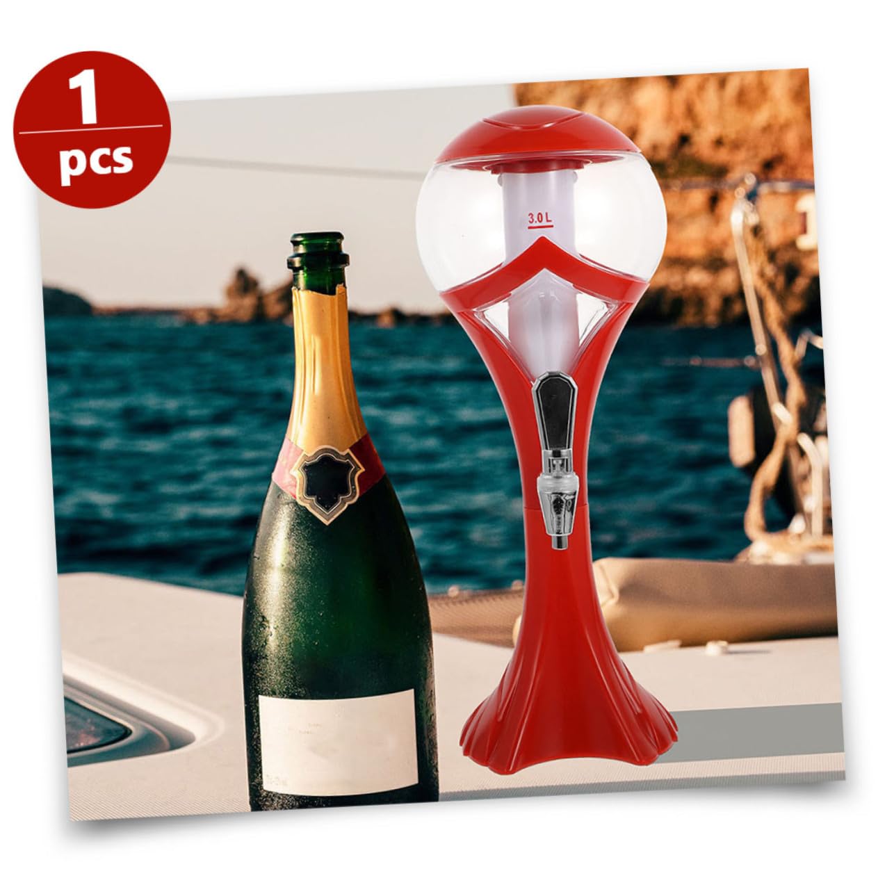 Distributeur de Boissons Lumineux 3.0l Glace Intégrée, Plastique Rouge Résistant, Robinet Manuel pour Fêtes et Bars, Tour à Bière Portable pour Boissons Froides