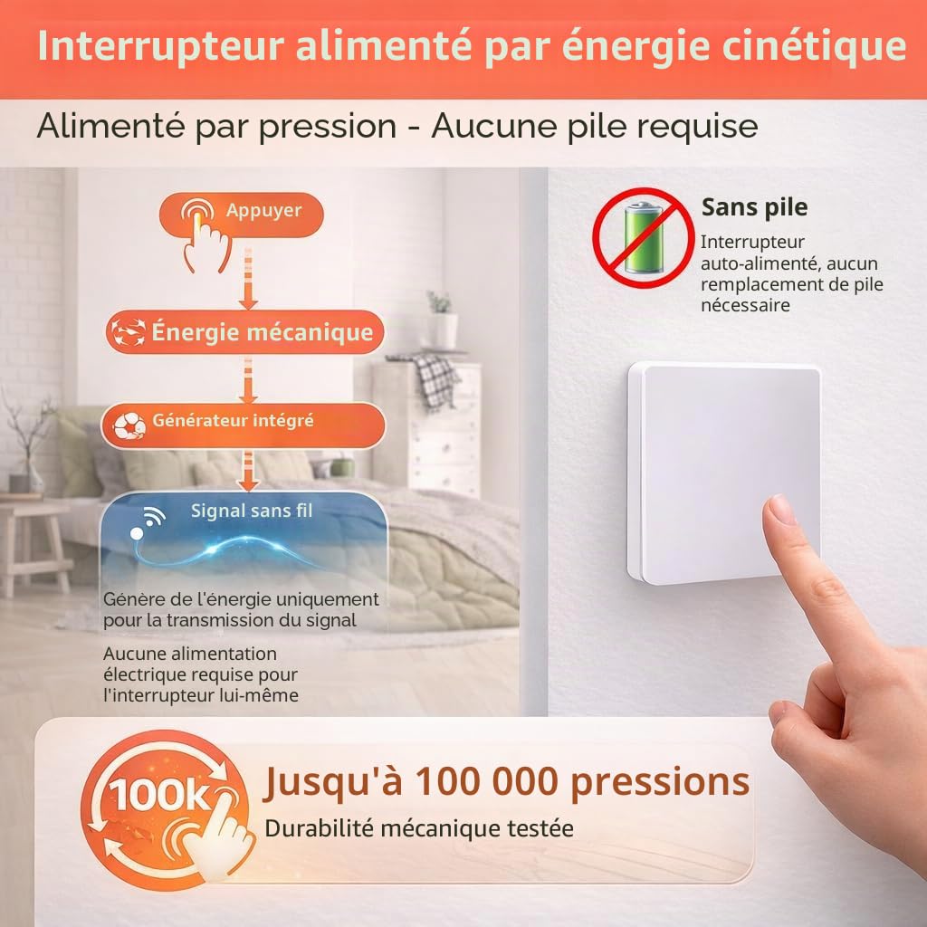 Interrupteur sans fil,Interrupteur radio, interrupteur radio auto-alimenté sans batterie, interrupteur mural, lumières télécommandées sans fil, pour salon, chambre à coucher, hôtel, patio extérieur