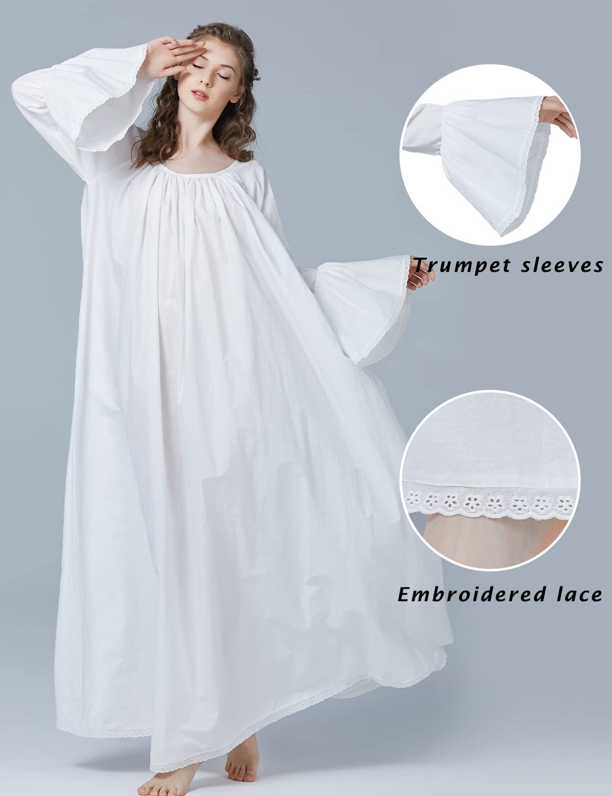 BEAUTELICATE Viktorianisches Nachthemd Langarm 100% Baumwolle Lang Nachtkleid Für Damen Braut Hochzeit Loses Retro Nachtwäsche Elfenbein
