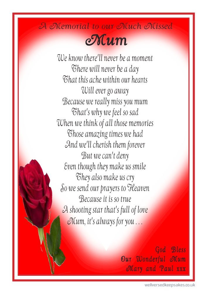 Unique Personalised Grave Card to Our Much Missed Mum - Includes Fixing Stake - A Laminated Memorial Marker Featuring a Bereavement Poem by Impish Odes - Red Design