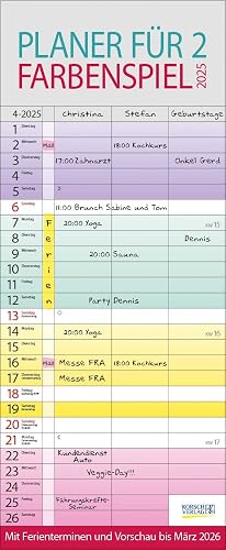 Farbenspiel - Planer für 2 2025: Familienplaner mit 3 breiten Spalten. Familienkalender mit farbigen Wochen, Ferienterminen, Vorschau bis März 2026.