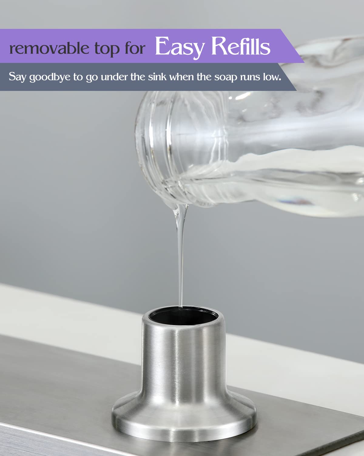 Dispensador de jabón integrado para fregadero de cocina, níquel cepillado, acero inoxidable, dispensador de jabón con capacidad grande F25-1BN de 17 onzas