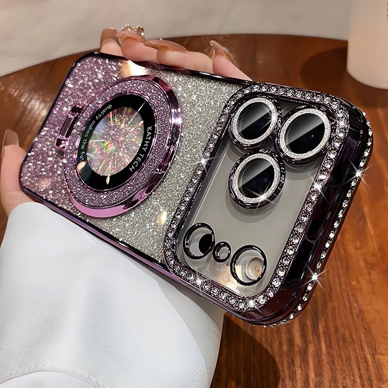 Magnetic Kickstand (Glitter Lens Protector) Case for iPhone 17 /Air/Pro/Max (Compatible with Magsafe) Sparkling Diamond Cover Glitter Shiny Rhinestone Cases (Black,for iPhone 17 Air)