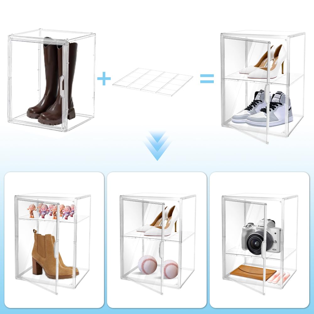 Paquete de 2 Cajas de Almacenamiento de acrílico Transparente con Placa divisora, Vitrina acrílica con Puerta magnética, para Bolso, Bolso, Zapatos, cosméticos, a Prueba de Polvo (XL)