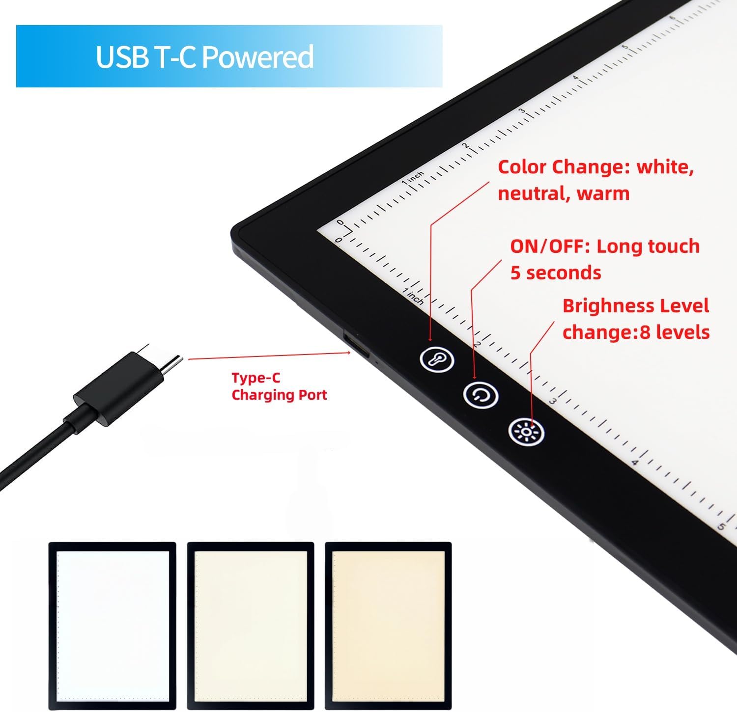 Rechargeable A3 Light Pad for Tracing Drawing - 8 Brightness Levels + 3 Light Colors - with 2500mAh Battery Powered and Foldable Stand for Diamond Art Painting, Animation, Skecth, Weeding Vinyl