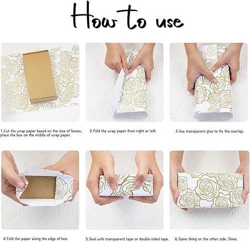 Miniatura 4 de Papel de regalo con patrón de rosa dorada en papel de arte blanco con 1 rollo de cinta dorada, para bodas, día de la madre, cumpleaños, baby