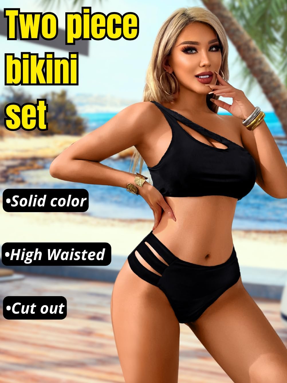 Cheetah Print Bikini Sets, One Shoulder Cut Out, Two Piece Cheeky Swimsuits High Leg Cut Bathing Suit for Women
