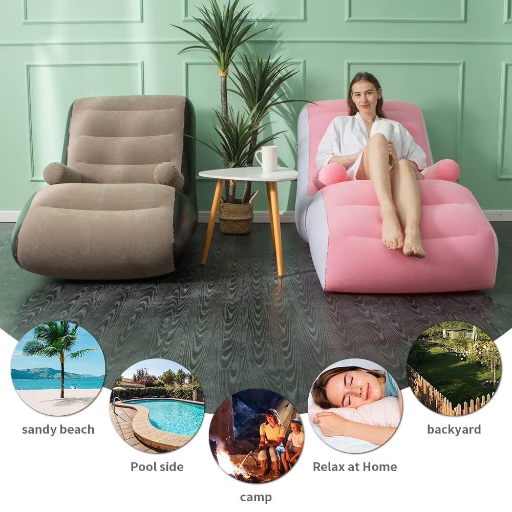 Silla inflable para sala de estar para interiores, con pasamanos, silla plegable inflable con bomba de aire, viajes al aire libre, camping, picnic, playa, tumbonas (rosa) 5