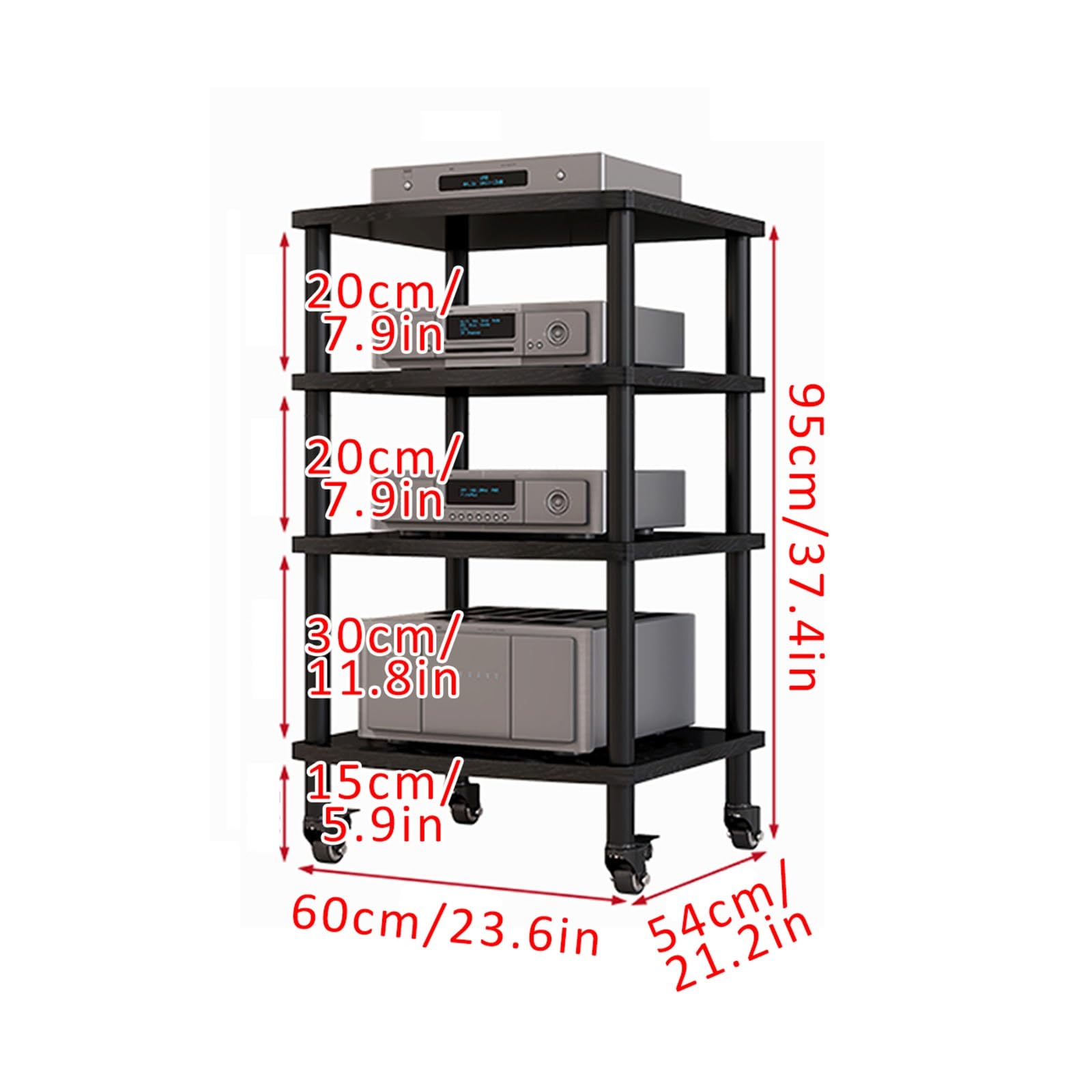 Soporte para AV de 4 niveles y estante de reproducción de discos de nogal, gabinete multimedia de madera para discos de vinilo, consolas de juegos y accesorios, elegante centro de entretenimiento con